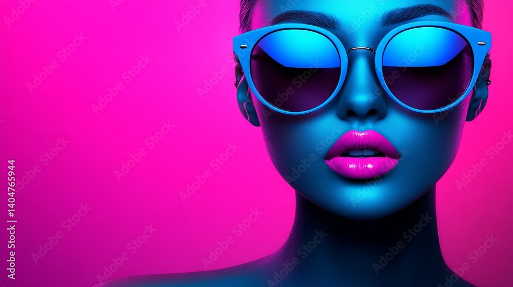 A digital illustration with a retro vibe featuring a stylish woman wearing vibrant, oversized sunglasses against an abstract psychedelic background A digital illustration with a retro vibe featuring a stylish woman wearing vibrant, oversized sunglasses against an abstract psychedelic background