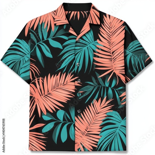 Black short-sleeved button-up shirt with a vibrant tropical leaf print.  Coral and teal leaves are printed on a black background.  Classic aloha shirt style