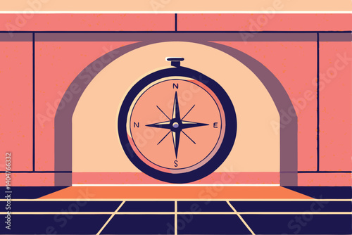 Stylized Compass Rose Illustration With An Archway In Earthy Pastel Colors