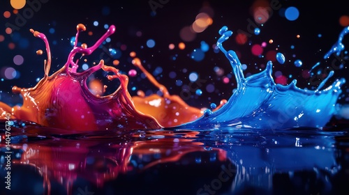 High-speed motion of paint splashes colliding mid-air, ultra-detailed liquid behavior forming unique abstract patterns, professional lighting adding stunning depth and reflections