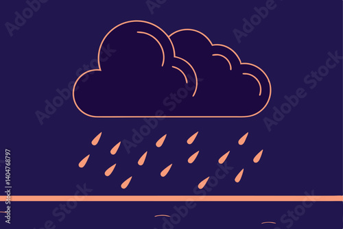 Minimalist Rain Illustration With Orange Cloud And Drops On Dark Blue Background