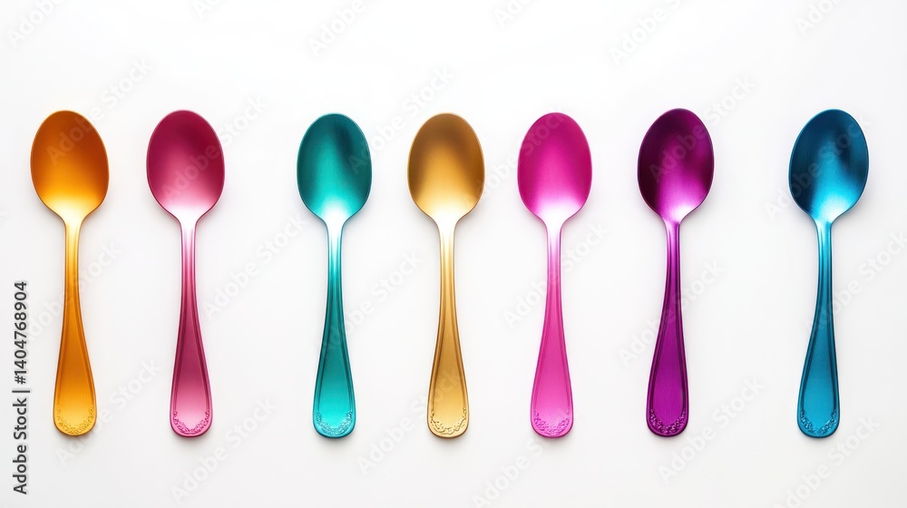 Colorful metal spoons arranged in a row on a white background. Colorful metal spoons arranged in a row on a white background.