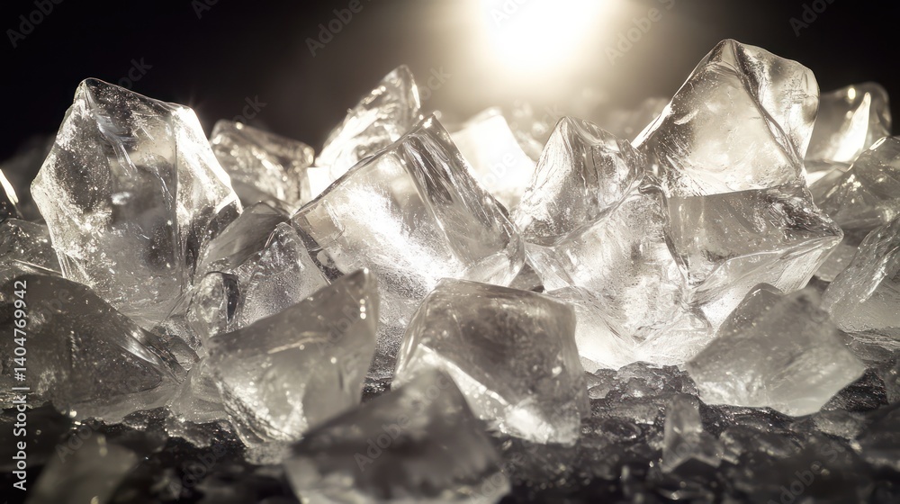 Obraz premium Macro shot of ice-like glass formations under a spotlight, hyper-detailed reflections and refractions interacting with sharp edges, cinematic composition adding depth and realism