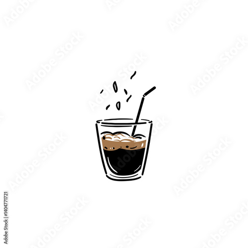Glass of iced coffee with straw and falling ice on white background