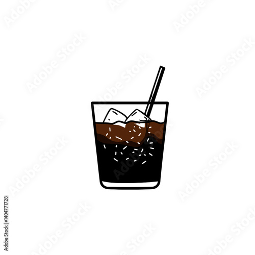 Glass of soda with ice and straw in flat style on white background