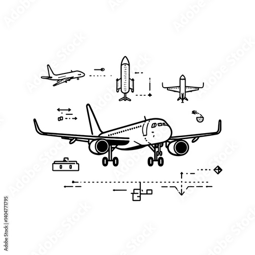Airplane icon set in line style with flight and travel symbols
