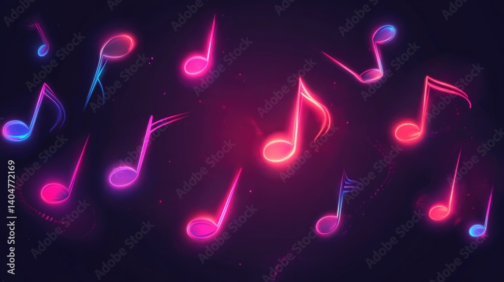 Music notes and treble clef neon signs set. Melody, classical music, sound design. Night bright neon sign, colorful billboard, light banner. illustration in neon style.