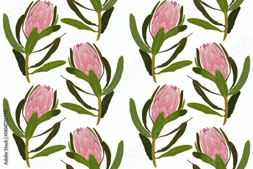 Vibrant seamless floral pattern featuring exotic protea flowers (Protea cynaroides) with bold, artichoke-like blooms and lush tropical leaves.