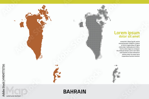 Map of Bahrain in dual designs, featuring brown solid details and black abstract dotted patterns, isolated on a white background