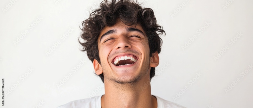 Young Brazilian man standing isolated on a white background, laughing with a joyful and expressive smile, exuding confidence and positivity.