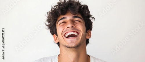 Obraz na płótnie Young Brazilian man standing isolated on a white background, laughing with a joyful and expressive smile, exuding confidence and positivity. w salonie