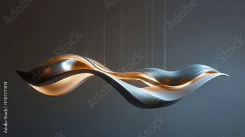 Suspended organic sculpture with smooth, flowing curves, alternating between matte ceramic and polished glass textures, illuminated by soft ambient lighting