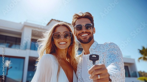 Happy young couple show the key of their new big luxury house. Real estate theme