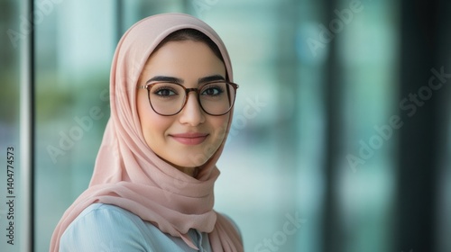 Obraz na płótnie Portrait of arabian businesswoman wearing shirt and standing outside conference room. Portrait of happy business lady wearing spectacles and looking at camera with copy space. Satisfied proud female. w salonie
