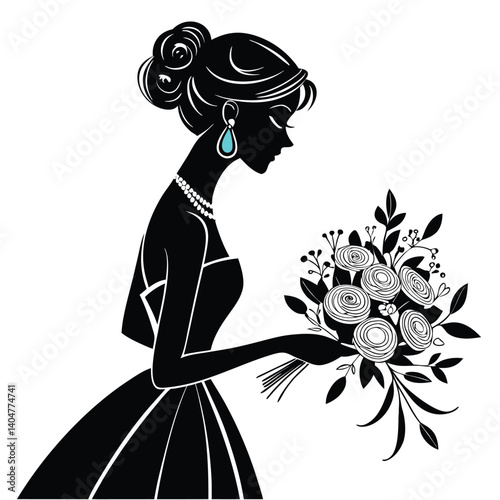 Elegant Woman Profile Silhouette - Vintage Minimalist Fashion Illustration with Floral Bouquet and Teardrop Earring