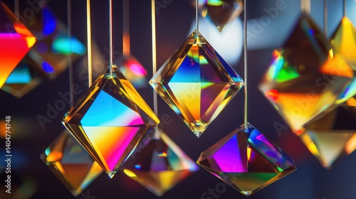 Suspended prism cluster capturing intricate light dispersion, ultra-detailed angles bending vivid hues, professional photography composition highlighting sharp reflections