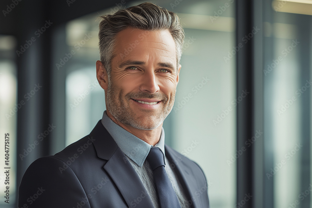 Confident Professional Man in Suit Smiling in Modern Office with Warm Lighting – 50mm Portrait. Confident Professional Man in Suit Smiling in Modern Office with Warm Lighting – 50mm Portrait.