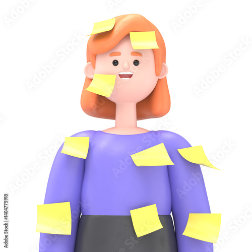 3D illustration of European businesswoman Ellen with a yellow paper. Transparent Background Mockup.Supports PNG files with transparent backgrounds.