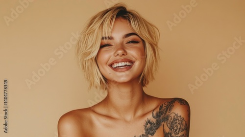 Smiling blond pretty happy girl beauty female generation z tattooed model with short blonde hair beautiful face healthy skin looking at camera laughing isolated at beige background. Aesthetic portrait