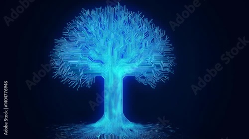 Witness the mesmerizing growth of a stylized circuit board tree, its blue, glowing branches reaching upwards in a fusion of nature and advanced technology.
