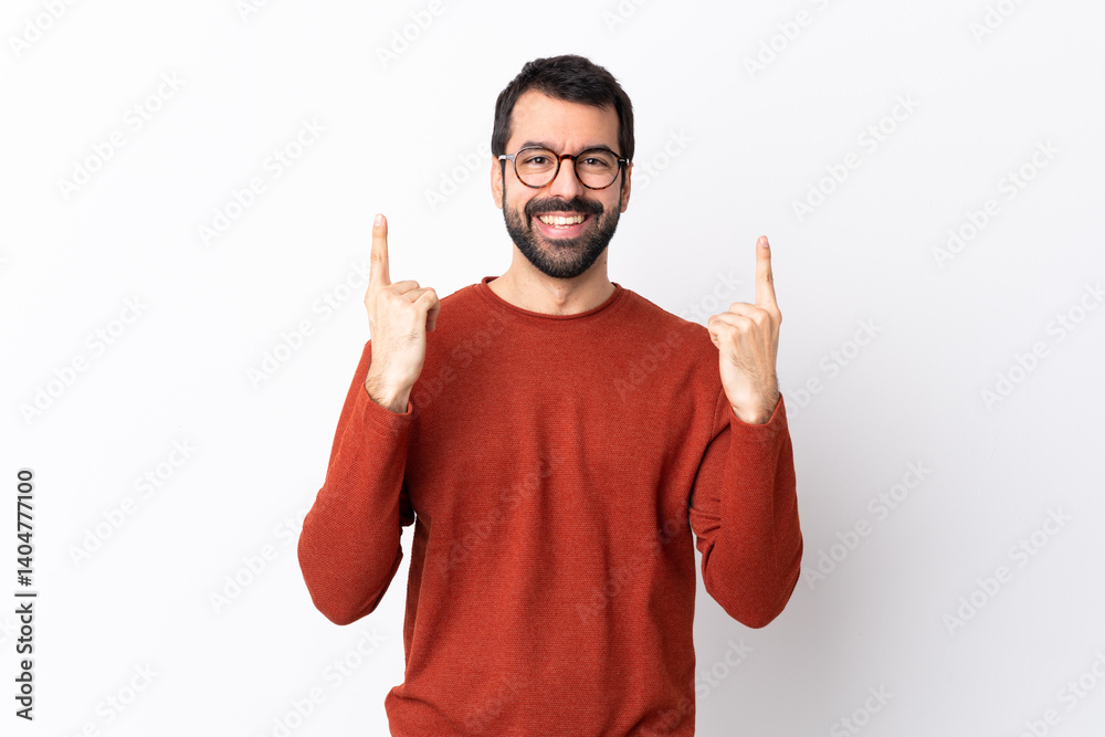 Caucasian handsome man with beard over isolated white background pointing up a great idea Caucasian handsome man with beard over isolated white background pointing up a great idea