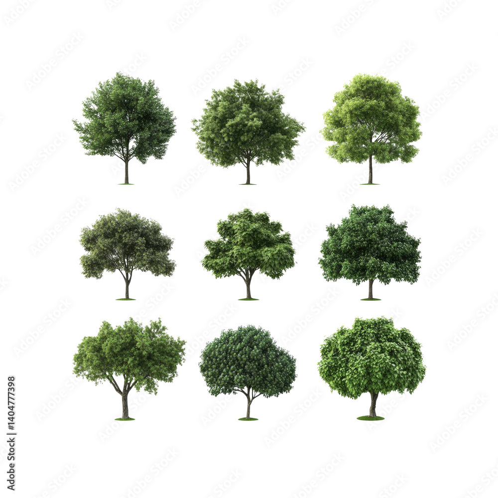 Fototapeta premium Collection of Twelve 3D Rendered Green Trees Isolated on Transparent Background