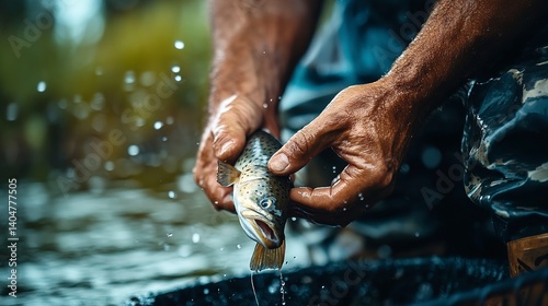 Fisherman carefully unhooks a fish while surrounded by nature on a tranquil afternoon