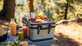 Compact cooler filled with snacks and drinks ready for a hiking trip in the mountains