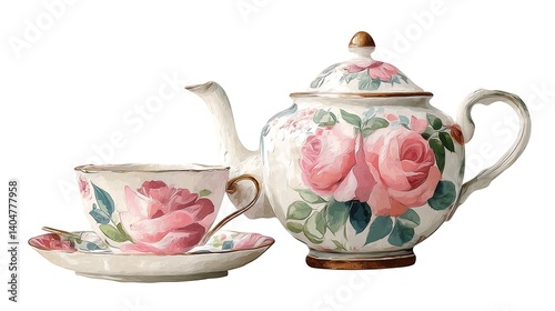 Vintage watercolor teapot and teacup with pink rose design