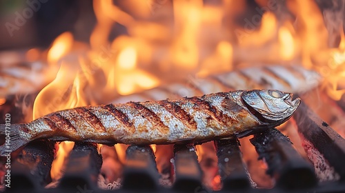 Fishermans campfire with fish grilling over open flames at lakeside in the early evening