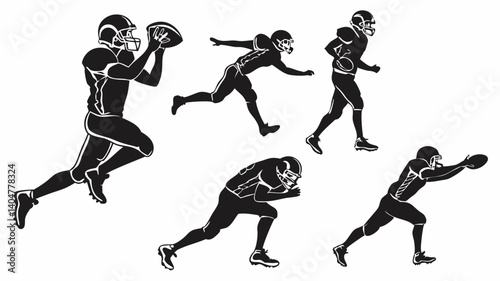 Dynamic American football player silhouettes in action powerful poses athleticism sharp lines vector