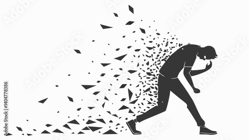 Man crumbling overwhelmed mental health struggles monochrome art simple design grayscale