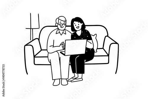 Happy mature mid age couple using laptop sit on sofa doing ecommerce shopping online on website. Smiling senior old adult man and woman looking at computer buying insurance browsing internet at home