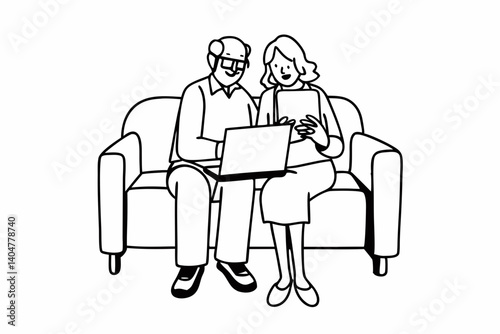 Happy mature mid age couple using laptop sit on sofa doing ecommerce shopping online on website. Smiling senior old adult man and woman looking at computer buying insurance browsing internet at home