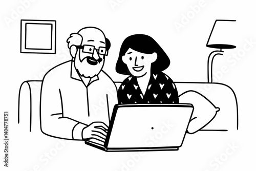 Happy mature mid age couple using laptop sit on sofa doing ecommerce shopping online on website. Smiling senior old adult man and woman looking at computer buying insurance browsing internet at home