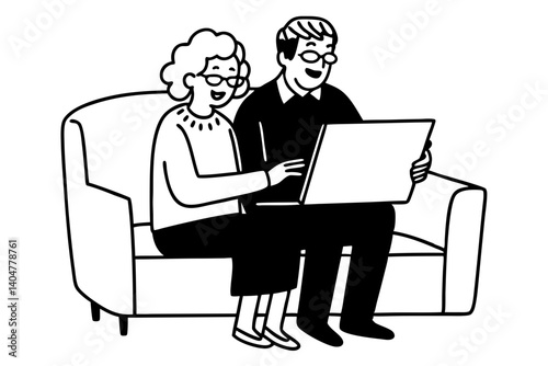 Happy mature mid age couple using laptop sit on sofa doing ecommerce shopping online on website. Smiling senior old adult man and woman looking at computer buying insurance browsing internet at home