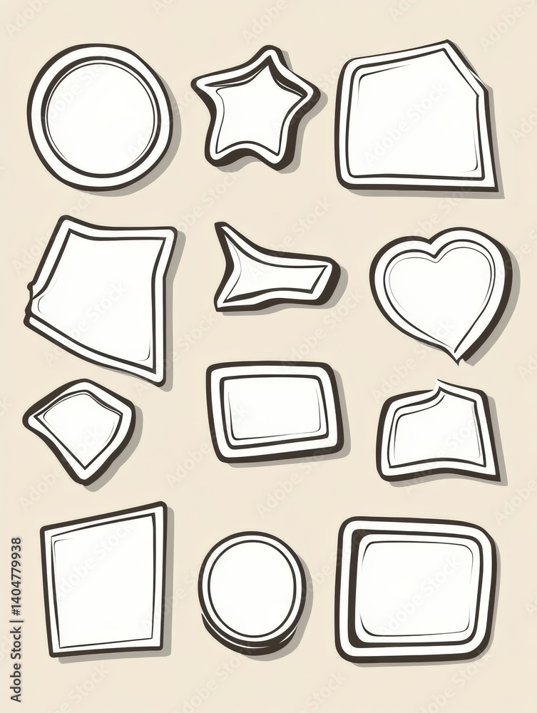Outlined sticker shapes in various designs over a flat beige background create a clean and modern aesthetic for versatile use Outlined sticker shapes in various designs over a flat beige background create a clean and modern aesthetic for versatile use