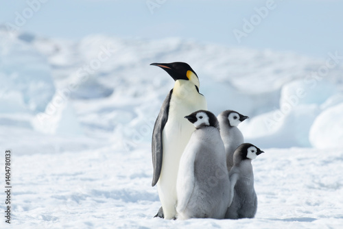 Emperor Penguin with three chicks in Antarctica 
