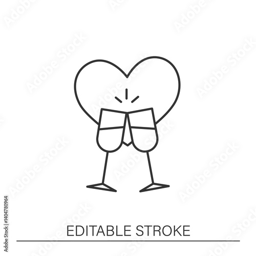 Dinner line icon. Champagne cheers. Romantic dinner with champagne. Heart shape. Love concept. Isolated vector illustration. Editable stroke