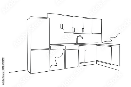One single line drawing of kitchen set equipment. Minimalist kitchenware tools concept. Dynamic continuous line draw design graphic vector illustration.
