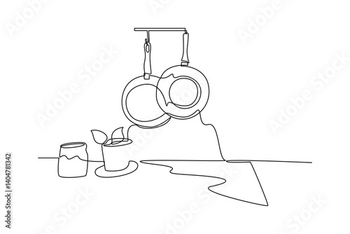 One single line drawing of Teflon kitchen equipment. Minimalist kitchenware tools concept. Dynamic continuous line draw design graphic vector illustration.