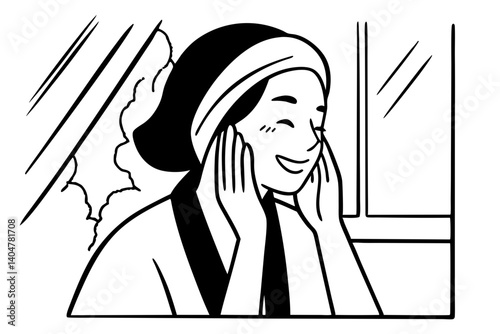 Happy smiling gorgeous middle aged woman wearing bathrobe and white towel touching face looking at window. Advertising of skin care spa wellness salon procedures concept. Closeup portrait