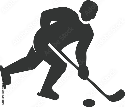 Hockey Player Silhouette with Stick Striking Puck on Transparent Background