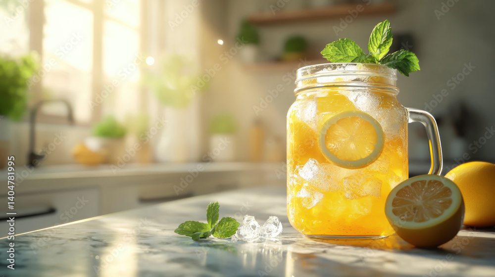 Fototapeta premium A mason jar filled with refreshing lemonade and crushed ice sits on a sunlit kitchen counter. Lemon slices and fresh mint adorn the drink, creating a cheerful atmosphere