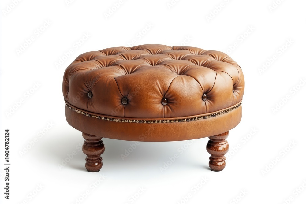 Naklejka premium Elegant Brown Leather Ottoman: Classic Tufted Design with Wooden Legs