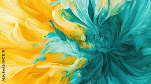 Radiant bursts of sunflower yellow and teal watercolor pigments merging in soft, organic swirls, delicate feathering creating intricate, unpredictable patterns