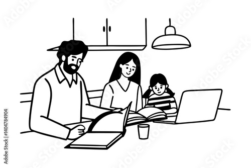 Happy young indian parent father helping teenage child daughter distance learning online together at home. Teen school kid girl studying in kitchen with dad looking at camera sitting at kitchen table