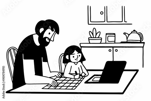 Happy young indian parent father helping teenage child daughter distance learning online together at home. Teen school kid girl studying in kitchen with dad looking at camera sitting at kitchen table