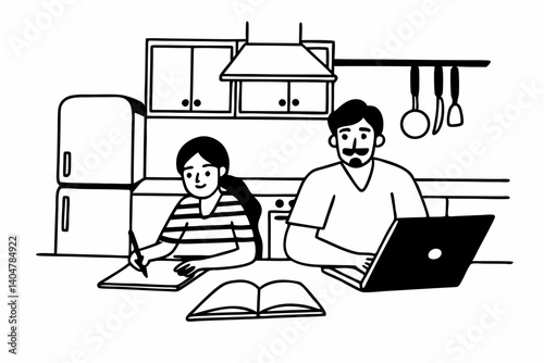 Happy young indian parent father helping teenage child daughter distance learning online together at home. Teen school kid girl studying in kitchen with dad looking at camera sitting at kitchen table