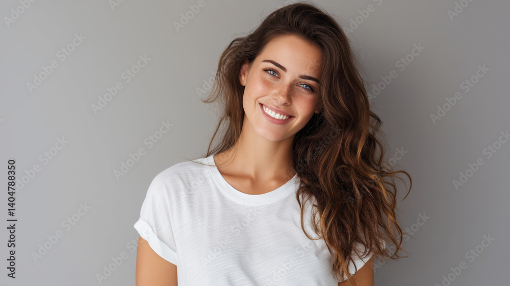 custom made wallpaper toronto digitalPortrait of a young woman wearing white t shirt isolated on gray background